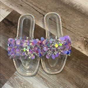 Iridescent Slide Sandals with Floral Accents